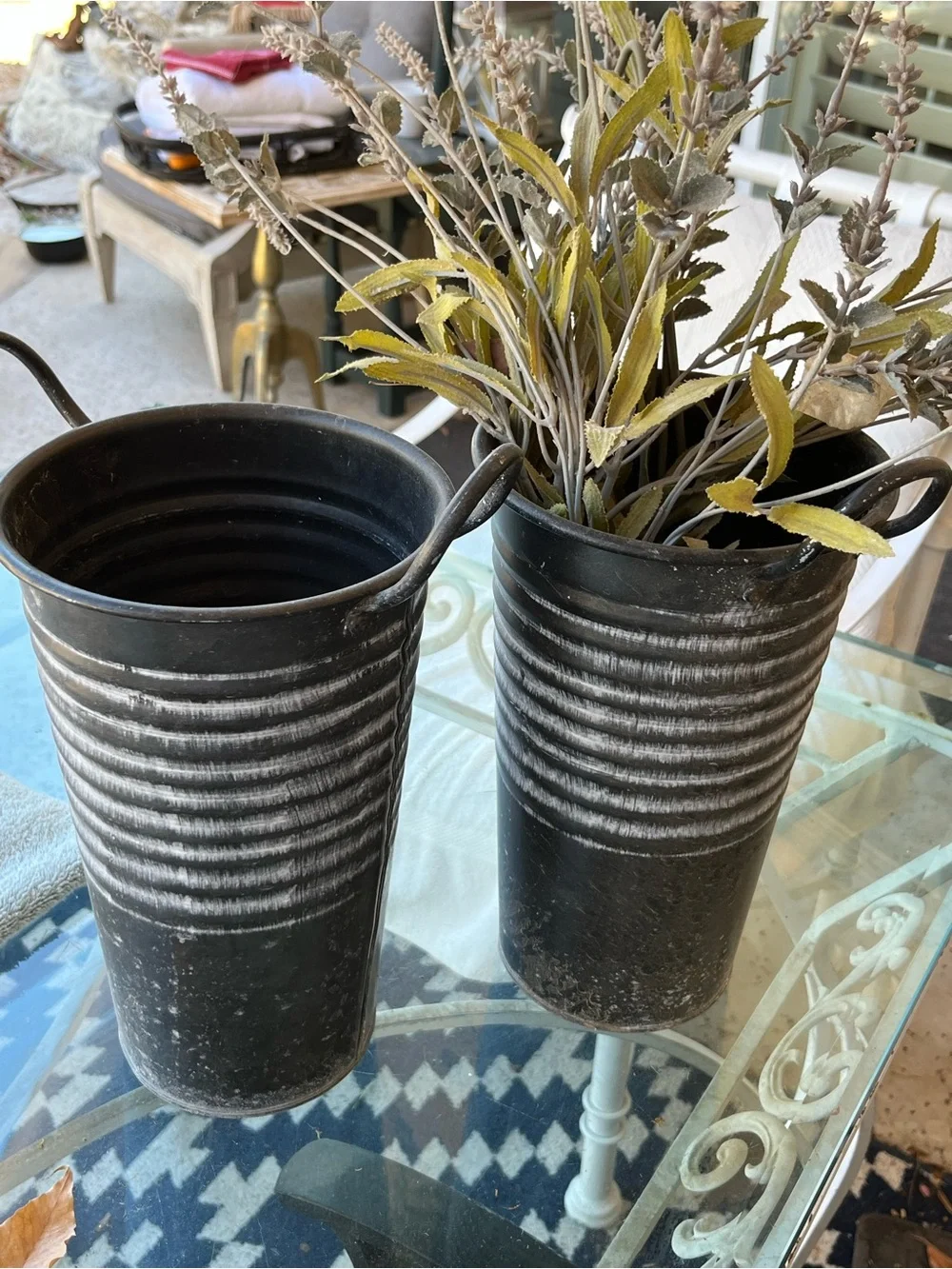 Set of 2 Black Ribbed Metal Planter Buckets